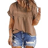 Eytino Women Plus Size Tops Crewneck Short Sleeve Lace Crochet Loose Casual Summer Blouses Shirts(1X-5X)