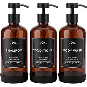 Prus Waso Shampoo and Conditioner Dispenser Set, Amber & Black | Soap Dispenser Shower, Empty Shampoo and Conditioner Bottles