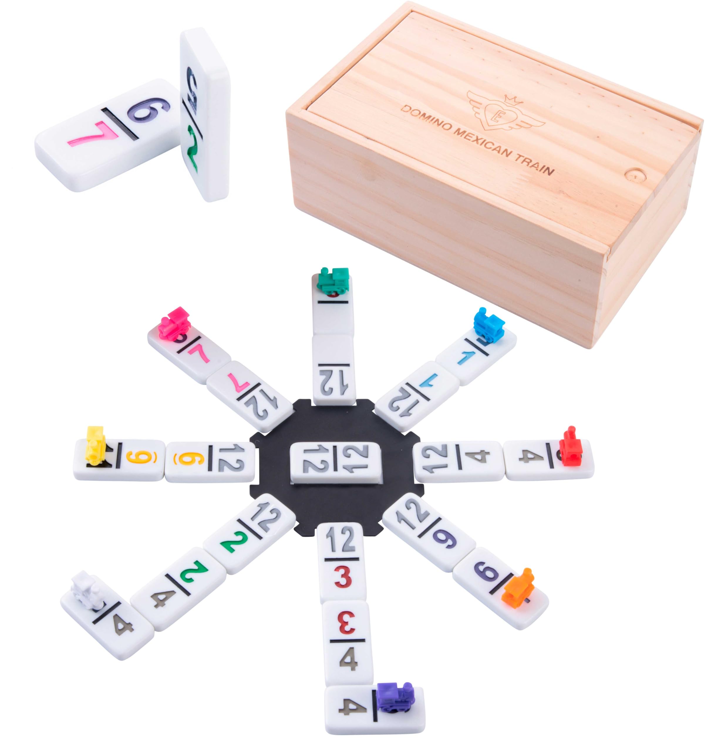 Engelhart - 250180 - Mexican Train Dominoes Set D12 - Numbers Version - Wooden Box - 91 Dominoes (7.5 mm) + 8 Colorful Trains - 2 to 8 Players — image 1