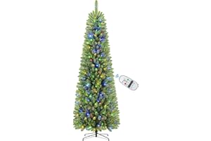 SHareconn 6ft Premium Prelit Artificial Slim Pencil Spruce Christmas Tree with Remote Control, 240 Warm White & Multi-Color Lights, Full Branch Tips, First Choice Decorations for Xmas, 6 FT, Green