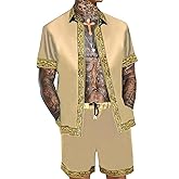 OYOZONE Men's Hawaiian Shirt and Short Set 2 Piece Outfits Luxury Printed Casual Button Down Short Sleeve Satin Shirt Suits