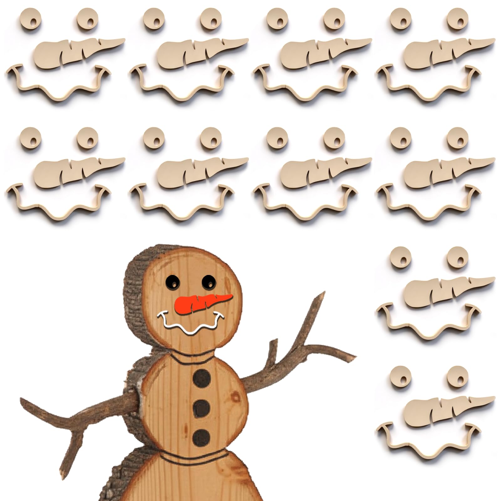 Photo 1 of 10-Set Unfinished Wood Snowman Face for Craft Kit - Paintable Wooden DIY Supplies with Eyes, Nose & Mouth - Christmas Ornament Supplies, Holiday Craft Decorations for Kids & Adults