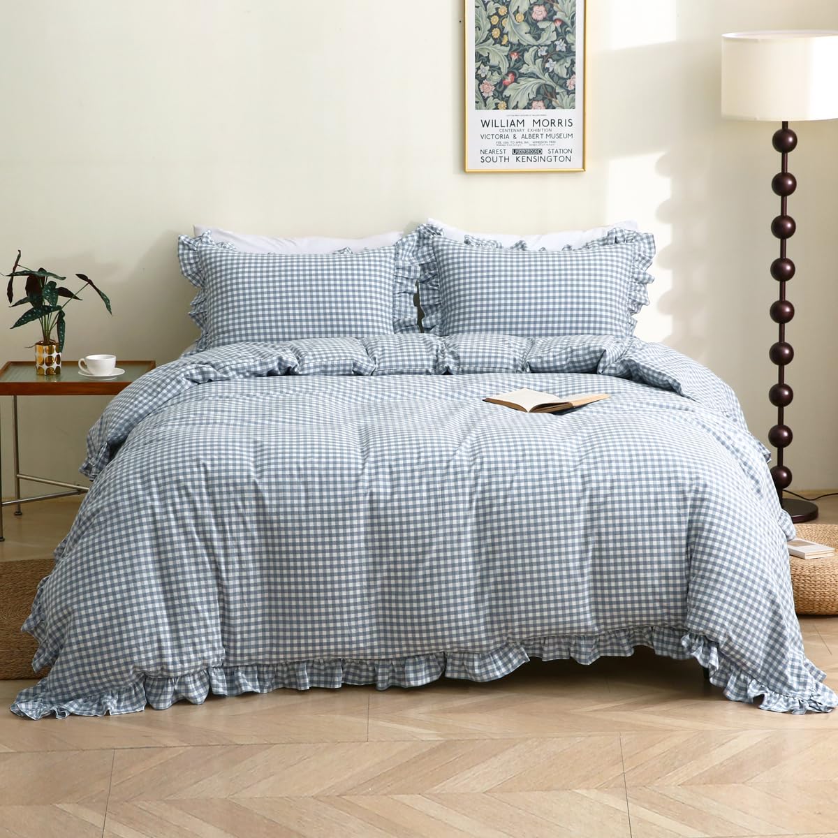 Photo 1 of Silnuo Light Blue/White Plaid Ruffle Duvet Cover Queen Size,100% Washed Cotton 3 Pieces Shabby Checkered Chic Gingham Bedding Set Comforter Cover Set