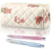 Sherr Bear Pencil Case Beige Cute Pencil Pouch Soft Cotton Quilted Storage Bag Aesthetic Pattern Gift Makeup Pouch Cosmetic Travel Bag for Women