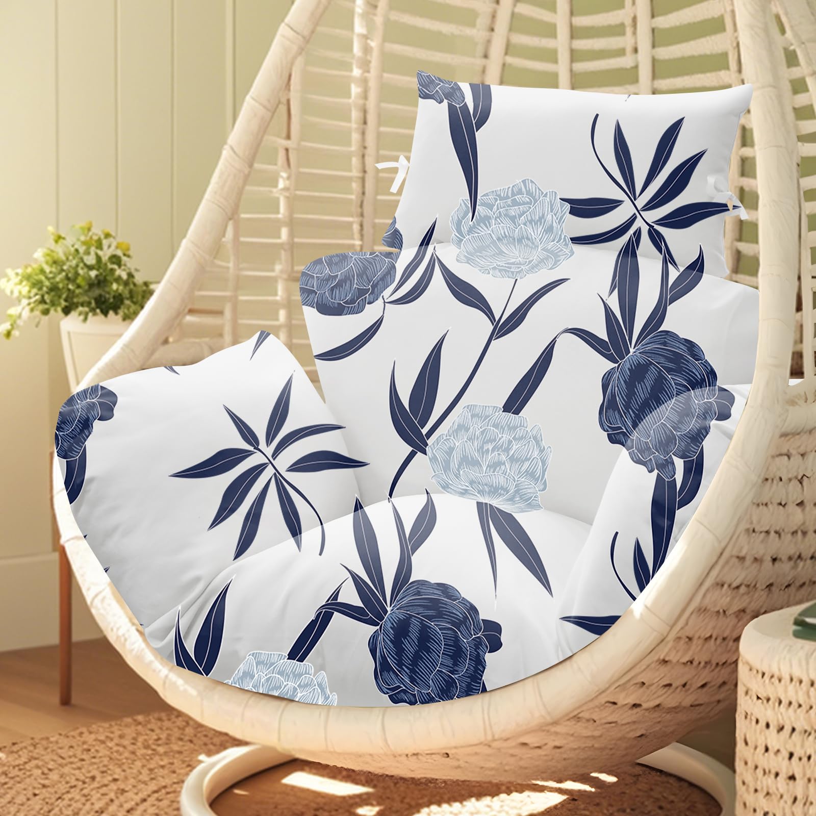 Photo 1 of Uthem Waterproof Egg Chair Cushion Replacement 47x31.5x4.7 inch Thicken Hanging Egg Swing Chair Cushion Indoor Outdoor Wicker Rattan Hammock Basket Cushion with Headrest Pillow, Blue Enchantress