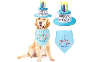 Ushang Pet Large Dog Birthday Cake Hat & Bandana Scarfs Set Blue, Handmade Dog Happy Birthday Hat with Colorful Candles, Extral Large Dog Birthday Party Supplies Decorations