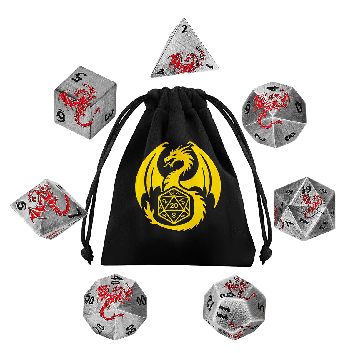 Fashion Silver Dragon Dice Set, DND Starter Set, 7Pcs Metal Polyhedral Dice, D&D Accessories for RPG MTG Warhammer Board Games, DND Gifts with Dragon Bag, Practical Gifts for Gamers