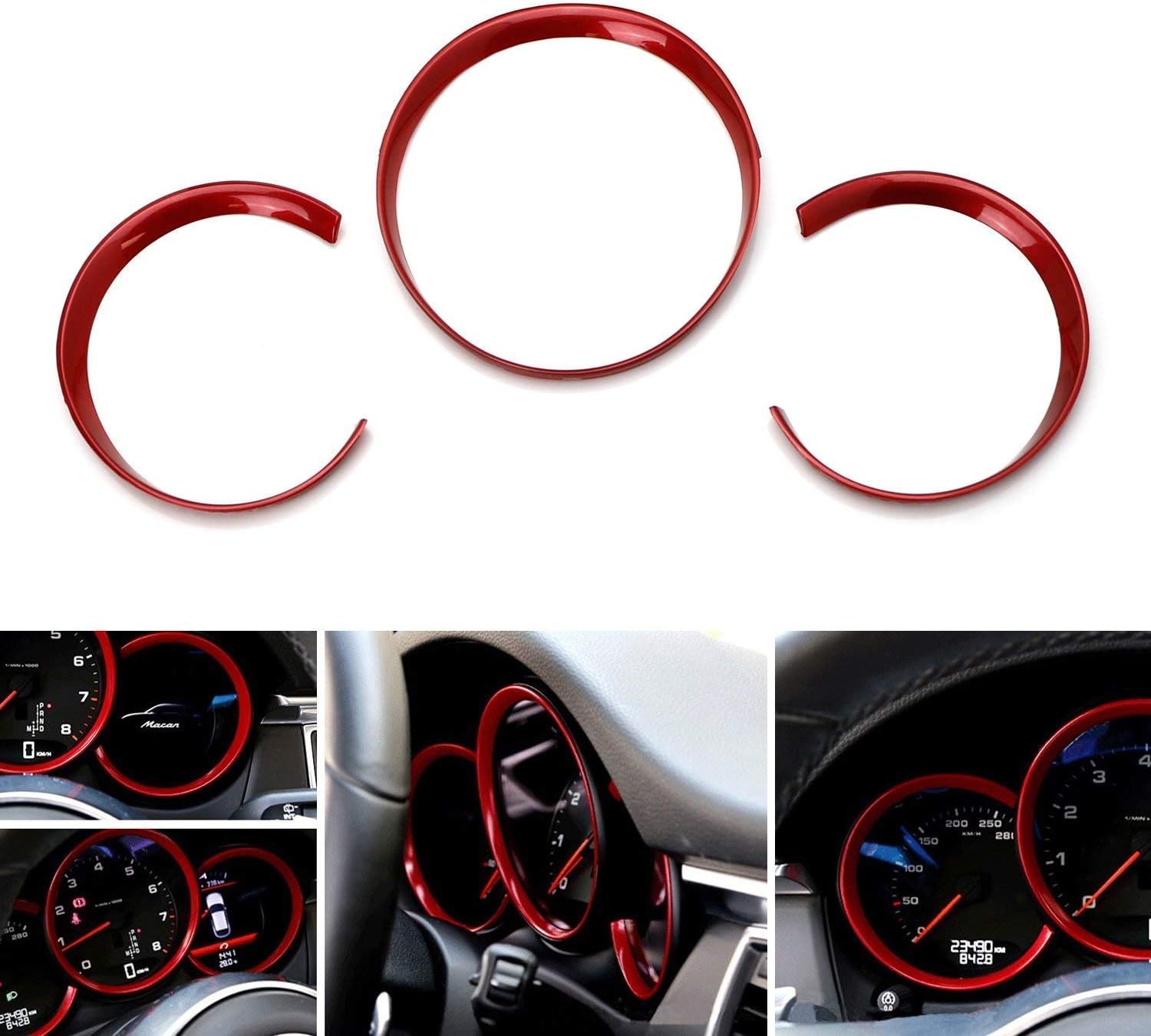 iJDMTOY 3pc Glossy Red Dashboard Gauge Surrrounding Ring Decoration Trim Kit Compatible With 2014-up Porsche Macan