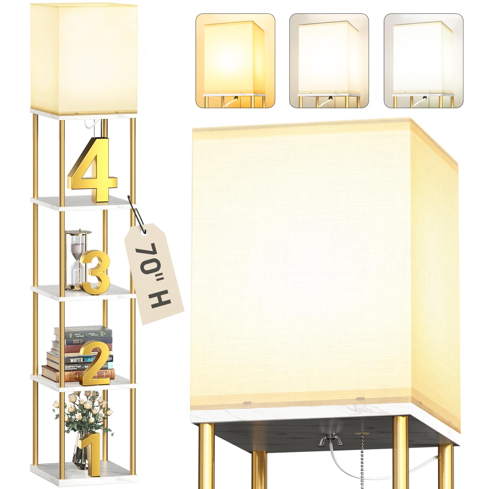 addlon 5-Tier Floor Lamp with Shelves, Standing Lamp with 3 Color Temperature, Corner Display Nightstand Lamp for Living Room, Bedroom and Office (70'' H, Gold&White) Image