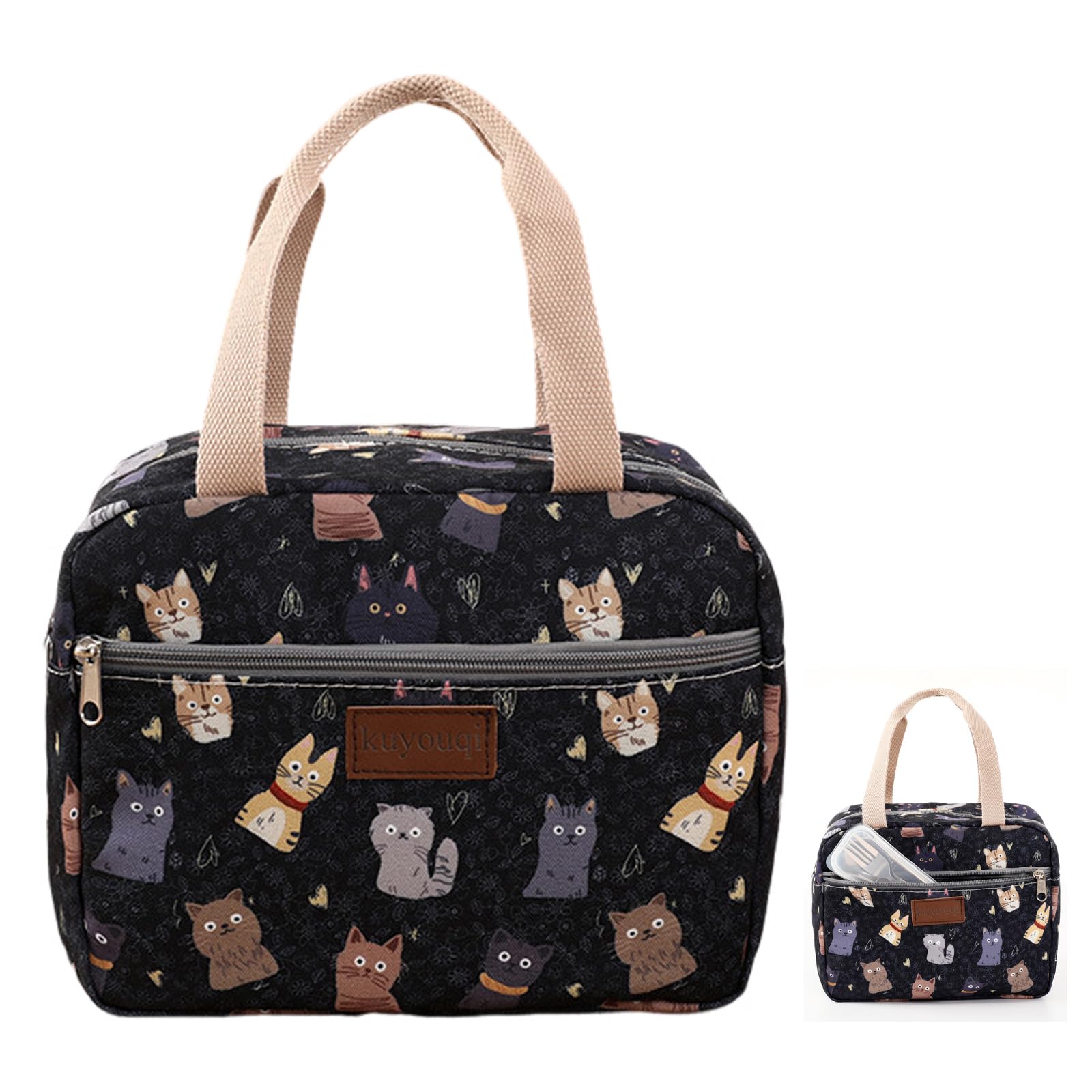 PLUSHCEWT Insulated Lunch Bag for Men Women Canvas Lunch Box Waterproof Reusable Cooler Bag Retro Cat Print Thermal Lunch Bags with Soft Handle for Adults Children School Work Outdoor Picnic 7.5L (A)