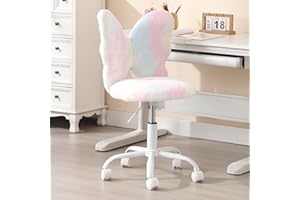 Kmax Kids Desk Chair, Faux Fur Butterfly Chair with Wheels Adjustable Cute Swivel Kids Office Chair for Bedroom Reading Room - Colorful