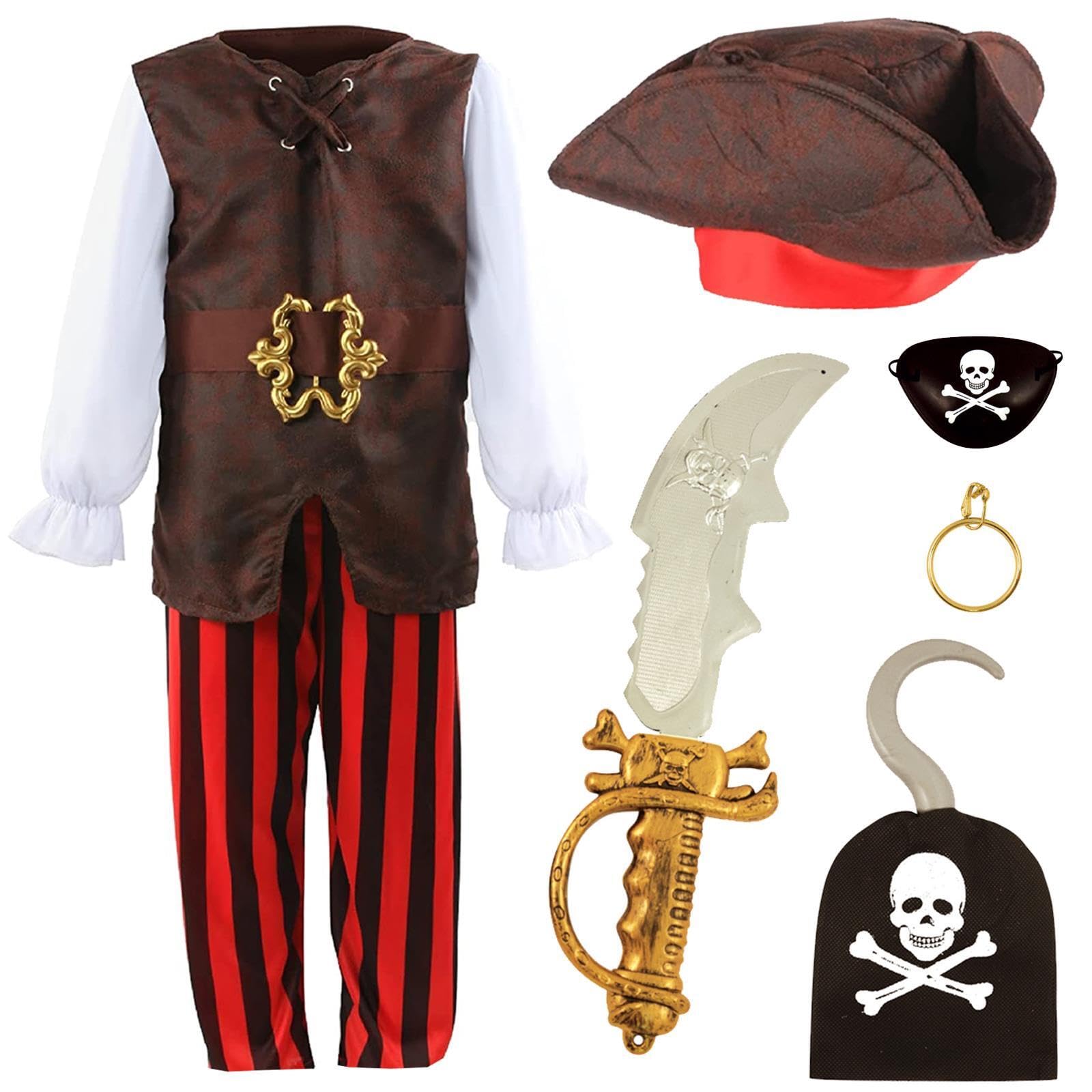 Boys Pirate Costume - Medium - Brown Shirt, Striped Trousers, Pirate Tricorn Hat, Hook Hand, Gold Earring, Black Eyepatch, Fake Sword - Kids World Book Day Halloween Fancy Dress Costume