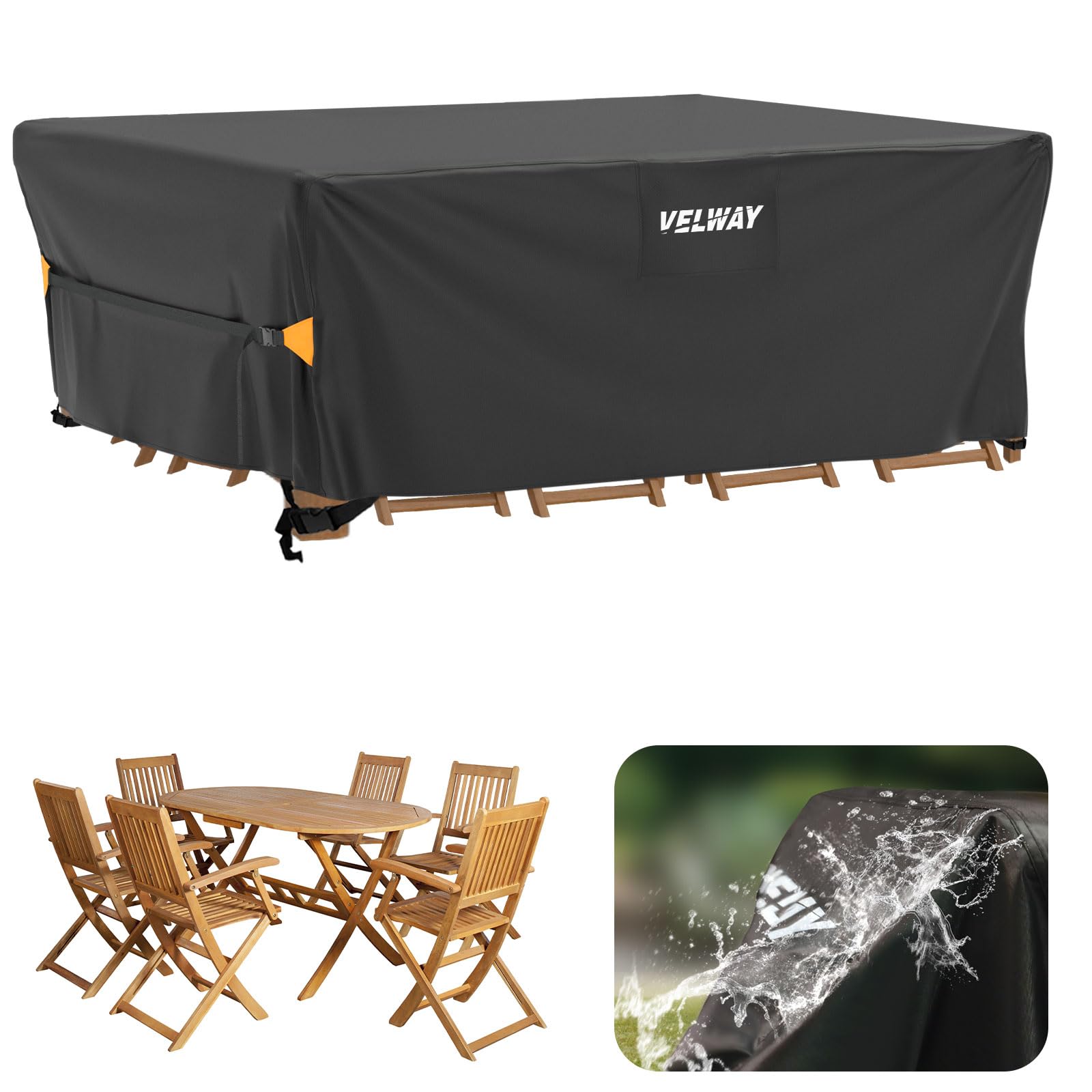 Velway Outdoor Garden Furniture Covers: 200x160x74cm Waterproof Windproof Patio Table Cover with Air Vent Anti-UV Dustproof for Rattan Furniture Set Rectangular - Black