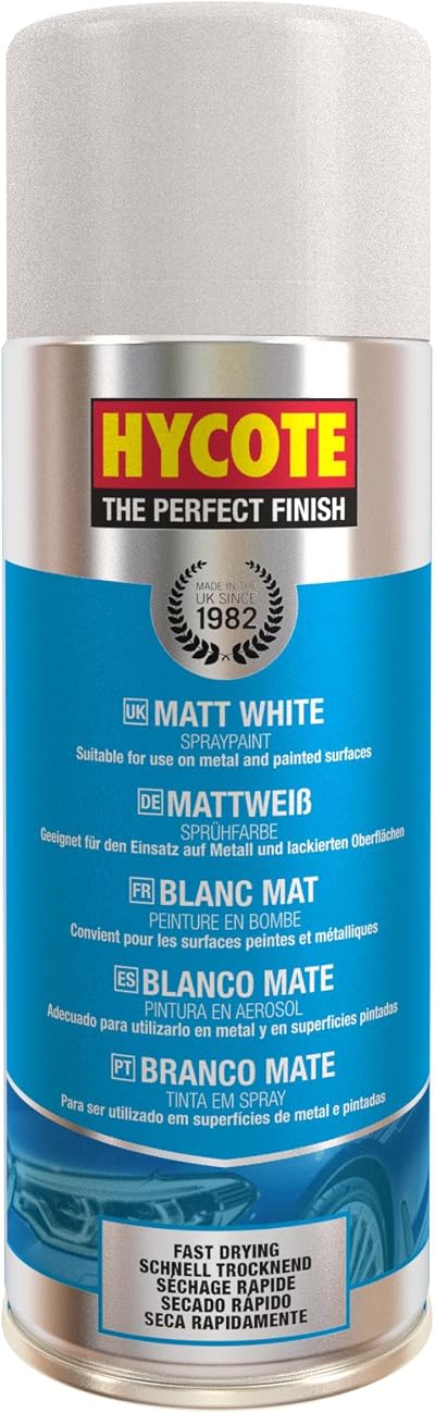 Hycote Matt White Aerosol Car Spray Paint Fast Drying 400ml Metallic Plastic