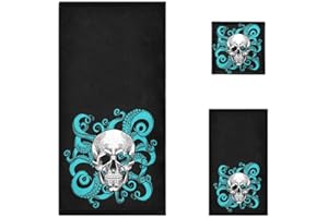 Naanle Stylish Skull with Octopus Tentacle Soft Luxury Decorative Set of 3 Towels, 1 Bath Towel+1 Hand Towel+1 Washcloth, Multipurpose for Bathroom, Hotel, Gym, Spa and Beach(Black)
