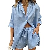HUUSA Women's 2 Piece Tracksuit Outfits Casual Button Down Half Sleeve Shirts and Shorts Set Summer Sweatsuits Loungewear Set