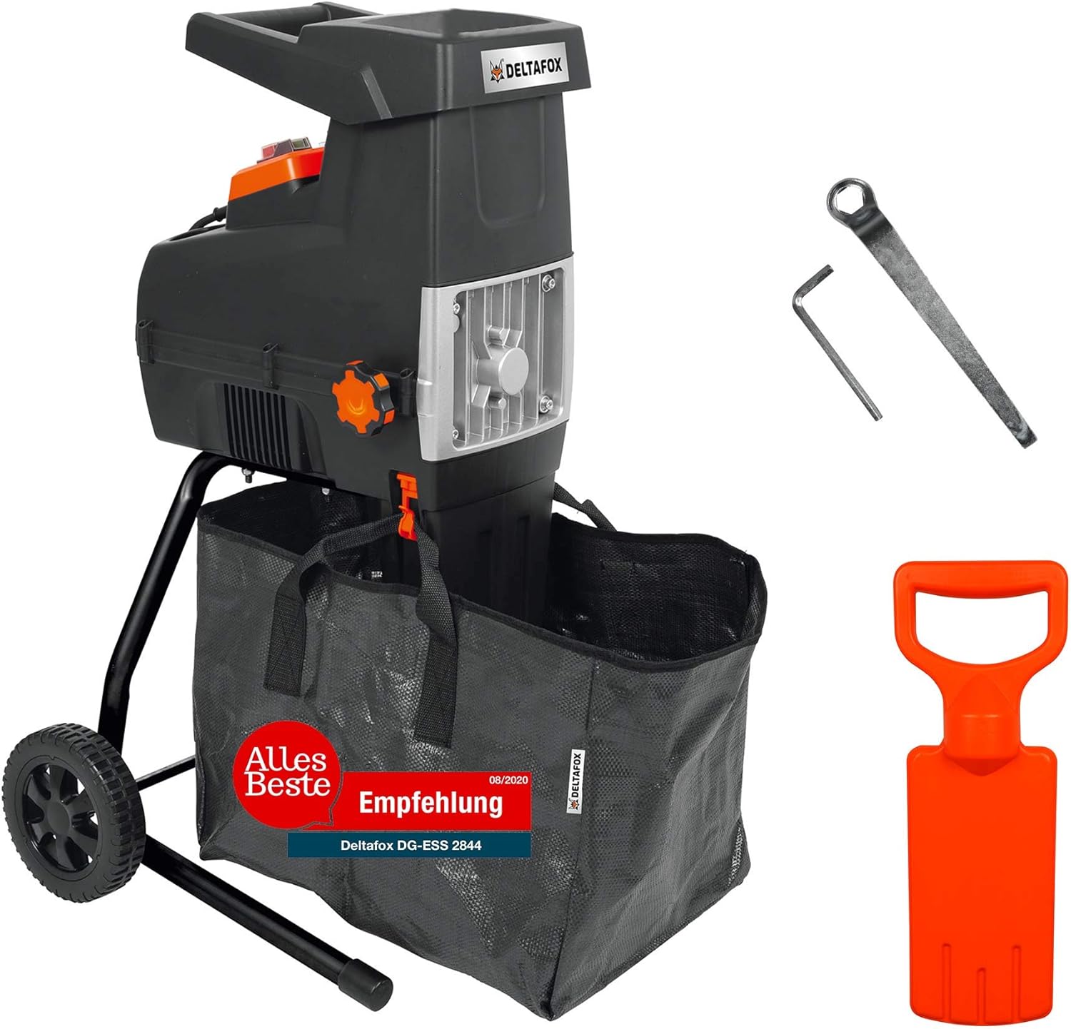 DELTAFOX Elektro Leisehäcksler - 2800W - inkl. 60ltr Fangsack - Gartenhäcksler - Nachstopfer - Selbsteinzug - leise - bis zu 44 mm dicke Äste - robuster Elektrohäcksler