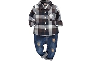 MAMAMI 2Pcs Baby Boys Girls Toddler Kids Red Plaid Flannel Shirt Elastic Waist Ripped Holes Soft Jeans Outfit Set