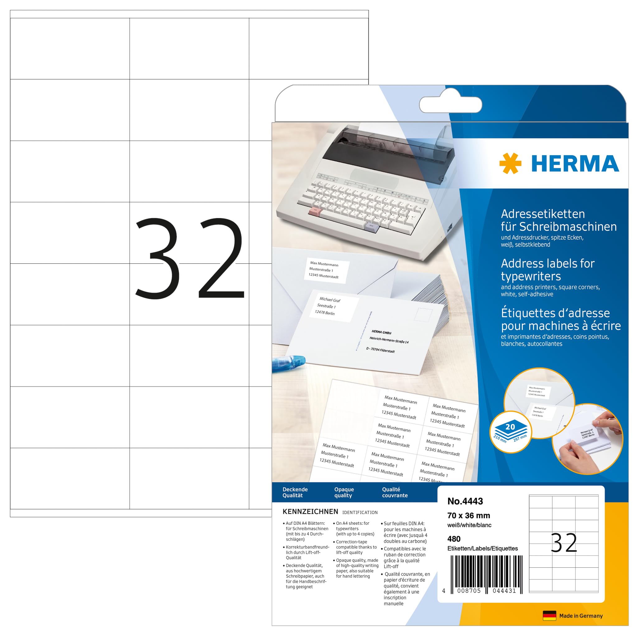 HERMA Self Adhesive Typewriter Address Labels, 24 Labels per A4 Sheet, 20 Sheets, 70 x 36 mm, 480 Labels, Blank Mailing Labels Stickers, Sticky Labels for Typewriter, White