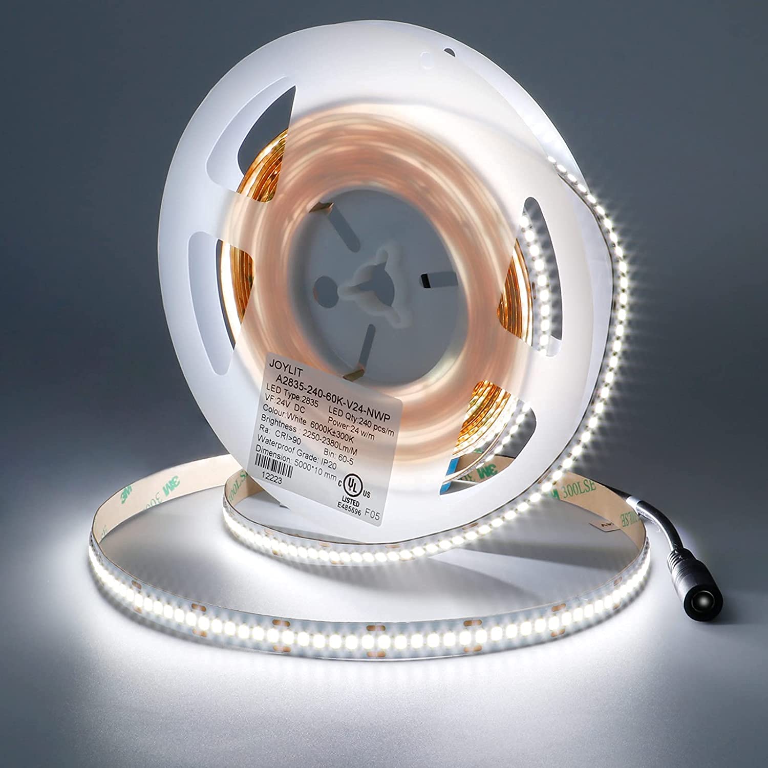 JOYLIT 24V LED Strip Lights 5M 6000K Cool White Indoor 14000LM Ultra Bright, CE UL Professional CRI 92+ 238LEDs/M High Density 2835 SMD 120W Dimmable Adhesive Tape Light Illumination Purpose