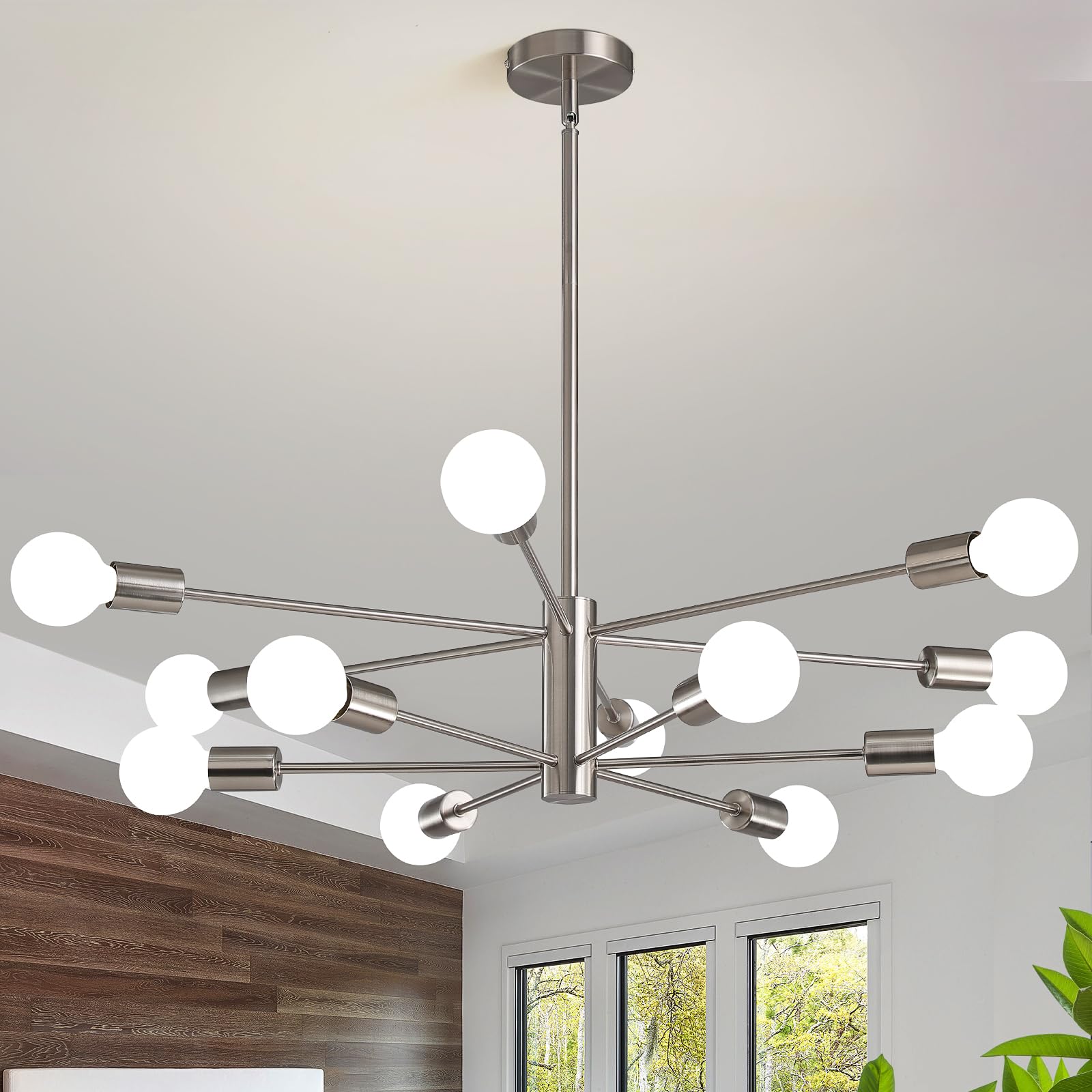 Photo 1 of RUIYEY Modern Sputnik Chandeliers Light, 12 Lights Brushed Nickel Dining Room Chandelier Over Table, Height Adjustable Industrial Semi Flush Mount Mid Century Chandelier for Kitchen Island Living Room