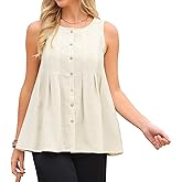 Seta T Women's Linen Tank Tops Summer Sleeveless Shirts Button Pleated Babydoll Casual Blouse