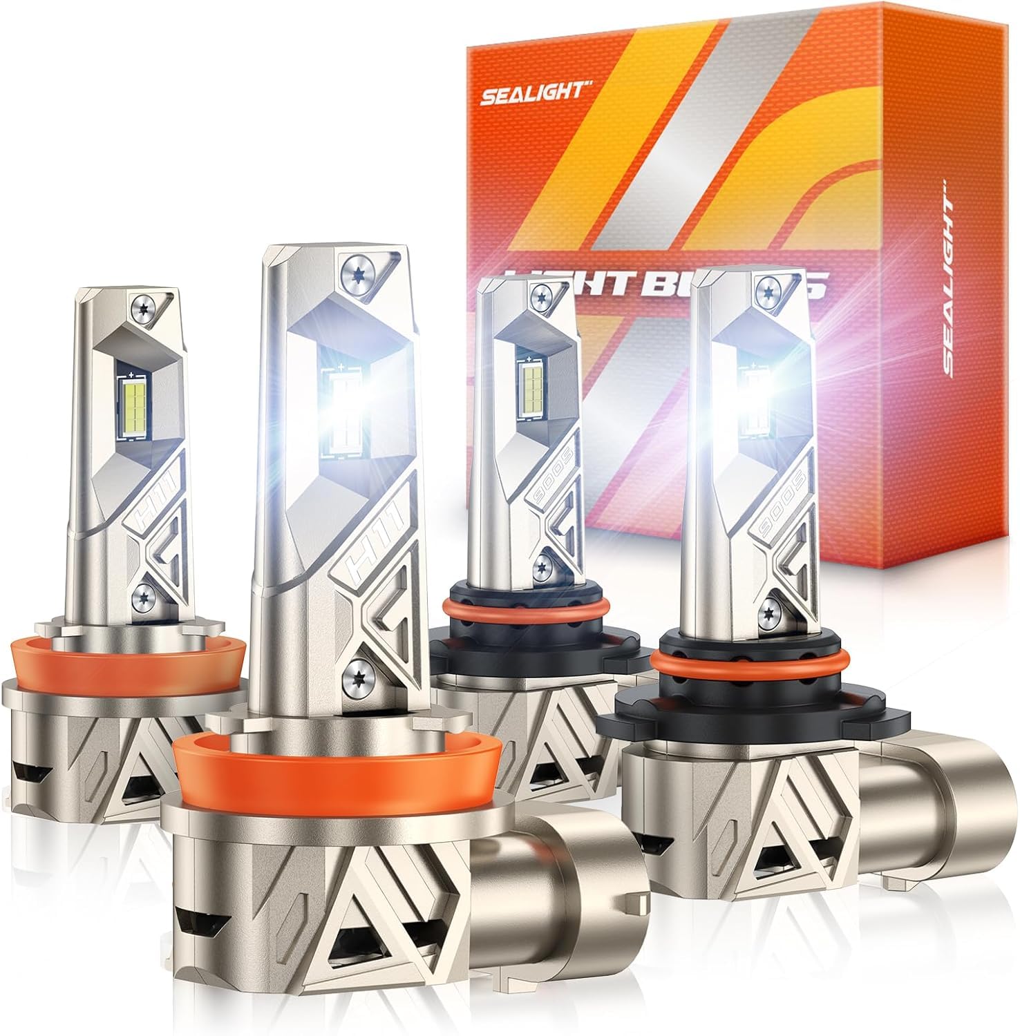 SEALIGHT 9005 H11 Lights Combo, 96,000LM Ultra-1000% Brighter S6 Pro with 2025 4th-Core Chips, 6500K hb3 h8 Combo or fog, Up 80,000hrs+ Lifespan, 3Mins Plug and Play, IP68, Pack of 4 Image