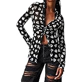 Women Sheer Mesh Print Button Up Shirt Long Sleeve V Neck Floral Shirt Blouse Sexy Slim Fit Buttons Y2K Cardigan Shirts