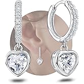 Heart Hoop Earrings with Dangle Sterling Silver Love Heart-Shaped Loop Earrings for Women Hypoallergenic Sparkle Birthstone Cubic Zirconia Hoop Earring with Dangling Charms Dainty Fashion Jewelry Gift