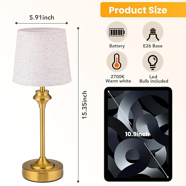 NIORSUN PORTABLES CORDLESS TABLE LAMP SET OF 2,FLAXEN FABRIC SHADE BATTERY OPERATED LAMP, BEDSIDE TABLE LAMP WITH WARM WHITE,3 WAY DIMMABLE TOUCH DESK LAMP FOR BEDROOM LIVING ROOM RESTAURANT (GOLD)