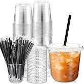 Ziliny 50 Set 10 oz Clear Plastic Cups with Lids and Straws, Pet Disposable Iced Coffee Cups for Drinking Cold Beverage Juice Parfait Smoothie Milkshake Coffee Shops Party Supplies