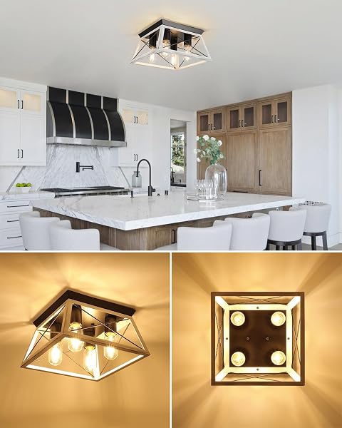FARMHOUSE OAK WHITE FLUSH MOUNT 4-LIGHT INDUSTRIAL KITCHEN CEILING LIGHTS, RUSTIC FLUSH MOUNT FOR DINING ROOM, BEDROOM, HALLWAY, ENTRYWAY, FOYER