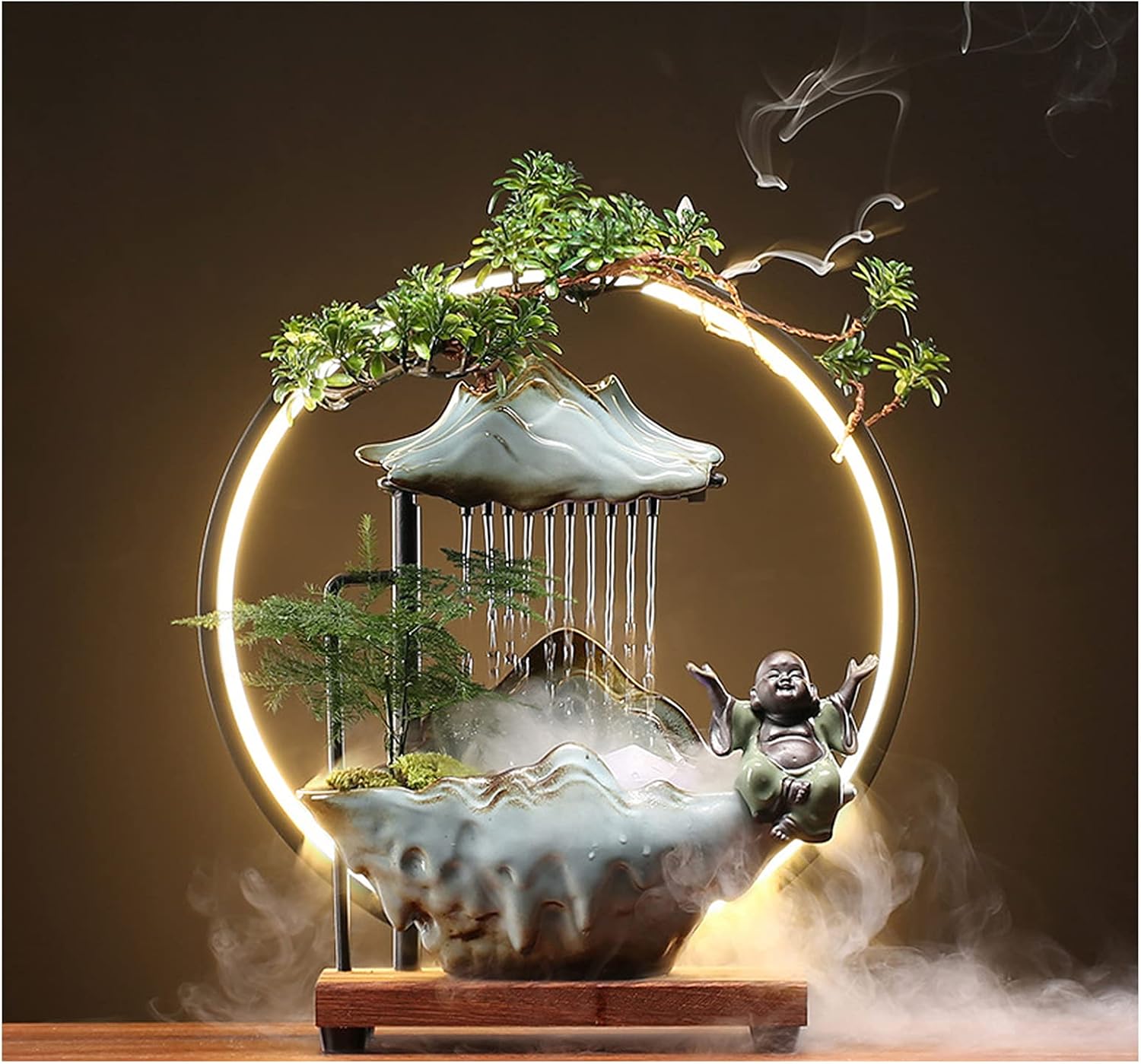 Indoor Fountains & Accessories - HSINYA Tabletop Buddha Water Fountains Indoor Water Fall with LED Light Zen Decor for Meditation with Mist Japanese Decor with Fake Plants Feng Shui Decor for Good Luck Wealth