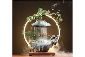 HSINYA Tabletop Buddha Water Fountains Indoor Water Fall with LED Light Zen Decor for Meditation with Mist Japanese Decor with Fake Plants Feng Shui Decor for Good Luck Wealth
