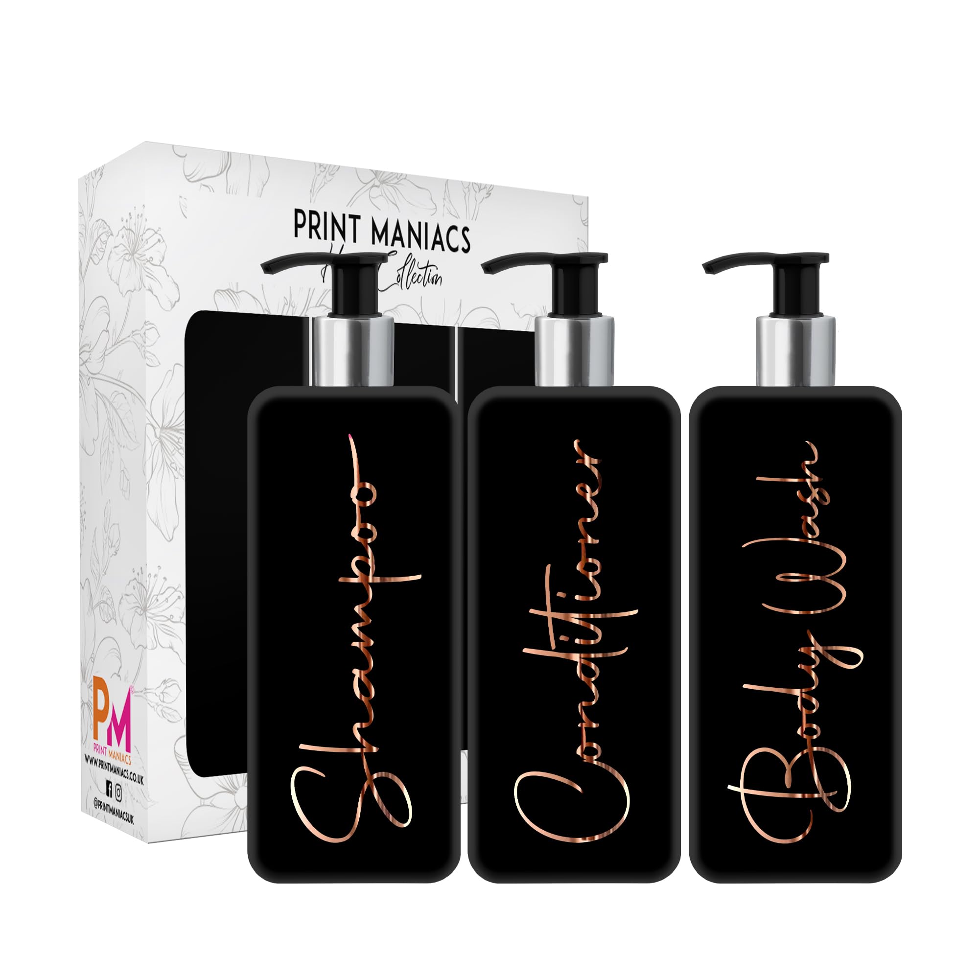 Print ManiacsMrs Hinch Inspired Signature Black 500ml Square Reusable Dispenser Bottle Silver Pump Personalised Bathroom Storage Toiletries Set F2 (Copper, Shamp, Con, Body Wash)