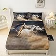 QOOMO Horse Sheet Set - 4 Piece Twin Size Bed Sheets for Boys/Girls/Kids/Teens - 16" Deep Pocket, 1 Fitted Sheet, 1 Flat Sheet, 2 Pillowcases - Galloping Horse Pattern