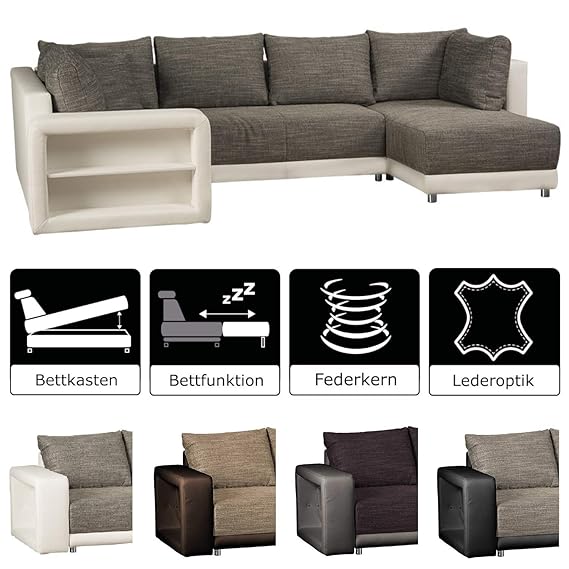 CAVADORE Wohnlandschaft Irriba, Ottomane beidseitig montierbar / Großes Schlafsofa im Materialmix mit Kunstleder / Inkl. Bettkasten und Regal in Armlehne / mit Federkern / 298 x 69 x 190 / Grau-Weiß