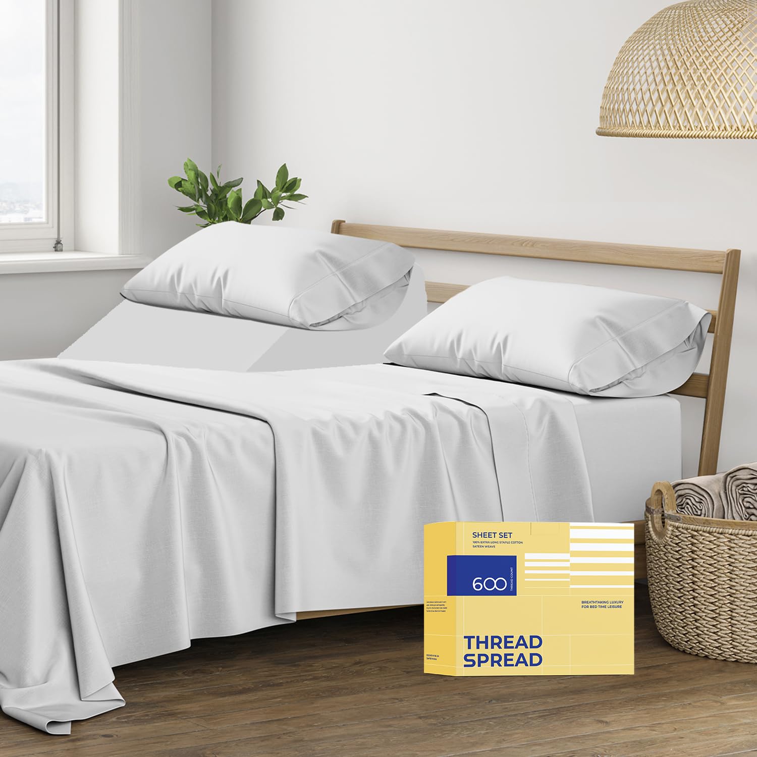 Photo 1 of THREAD SPREAD 100% Egyptian Cotton Split King Size Sheet Set - 5 PC 600 Thread Count Sheets Set for Split King Bed (Silver Grey), Soft, Cooling, Luxury Hotel 16" Deep Pocket Sateen Weave Bedsheet