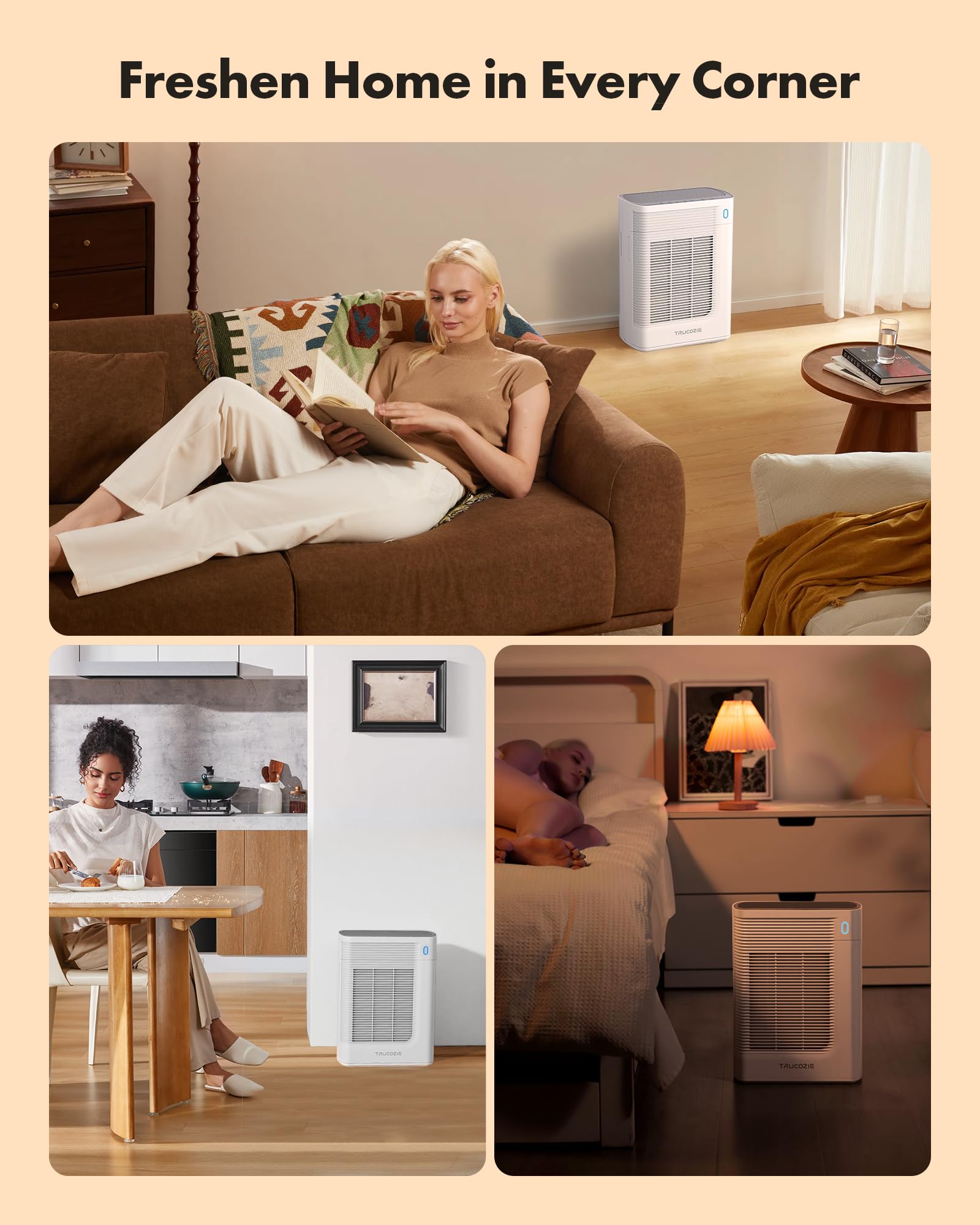 Trucozie T356 Air Purifier for Home Large Room Bedroom Up to 1937 Ft² in 1 Hr With Double-sided Air Inlet, Air Quality and Light Sensors, HEPA Sleep Mode for Allergies, Dust, Smoke, Pet Hair, White