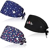 YBEATY 3 Pcs Working Caps Nurse Scrub Hats with Buttons Sweatband Adjustable Elastic Bandage Tie Hats for Women Men Dentist
