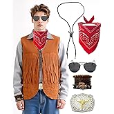 XIRXIOGE Cowboy Costume Men Adult - Western Cowboy Outfit with Tassel Vest, Buckle, & Bandana for Halloween Party, Rodeo