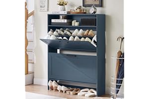 RWYHG Shoe Storage Cabinet with 2 Flip Drawers,Farmhouse Narrow Shoe Organizer with Legs,Freestanding Hidden Slim Shoe Rack Cabinet with Open Storage for Entryway,Hallway, Foyer, Blue