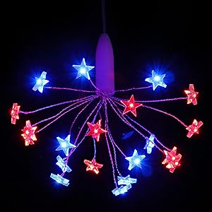 Independence Day Curtain Lights, 20 Star LEDs Red Blue 4th of July Window Starburst Fairy Hanging Lights, Battery Operated Decoration Lights for Memorial Presidents Day Party Garden