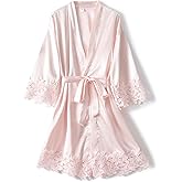 Women Lace Trim Robe Short Kimono Gown Silky Bathrobe for Bride Bridesmaid Nightgown