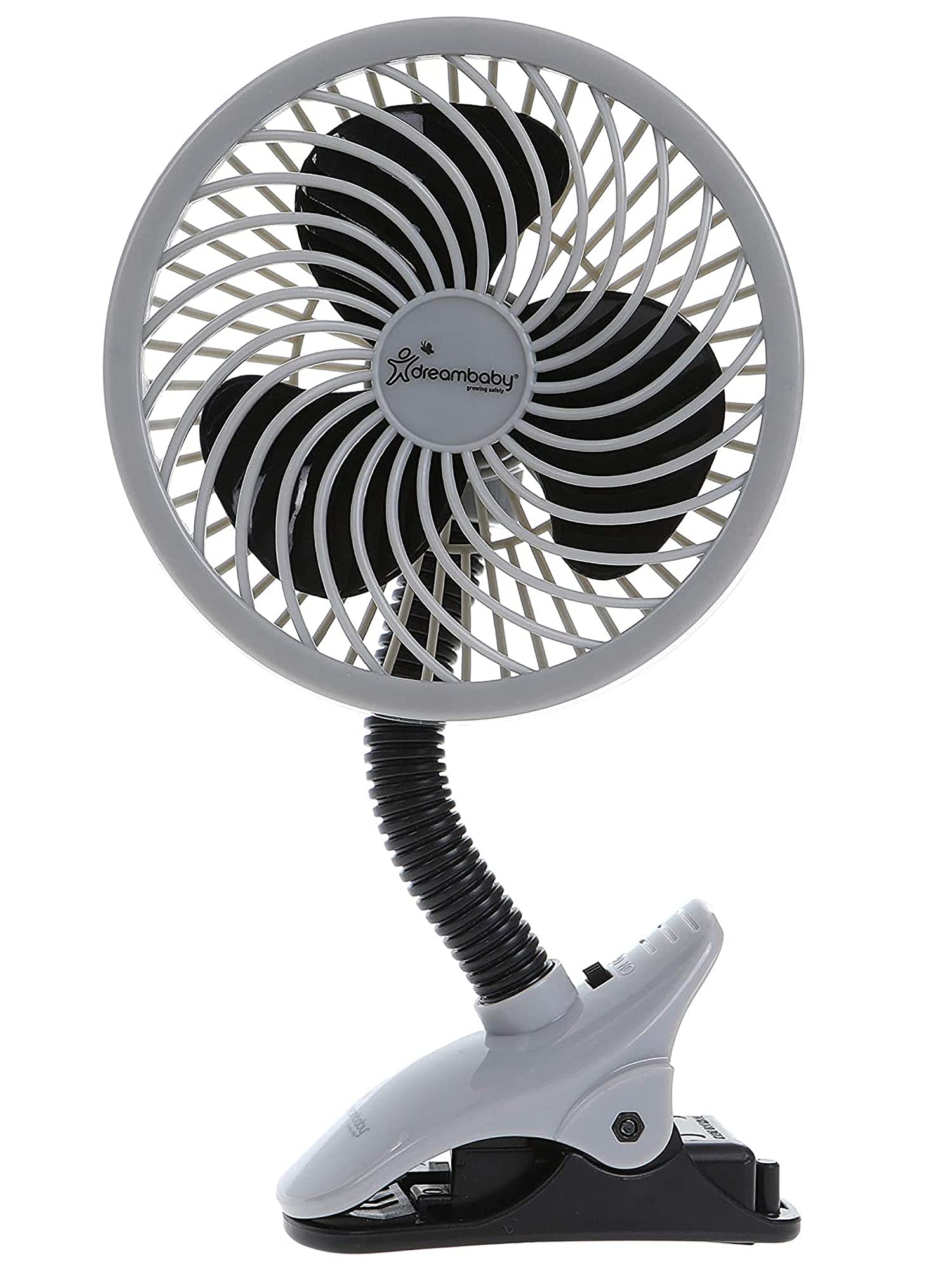 Dreambaby Pram Fan, Caged Stroller Fan for Babies - Adjustable Clip-On Fan - Portable and Convenient Cooling Solution for Strollers, Cribs, Table and Desk (Batteries not included) (Black)