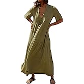 R.Vivimos Womens Summer Cotton Flowy Maxi Dress Short Sleeve V Neck Empire Waist Boho Tiered Ruffle Casual Loose Long Dresses