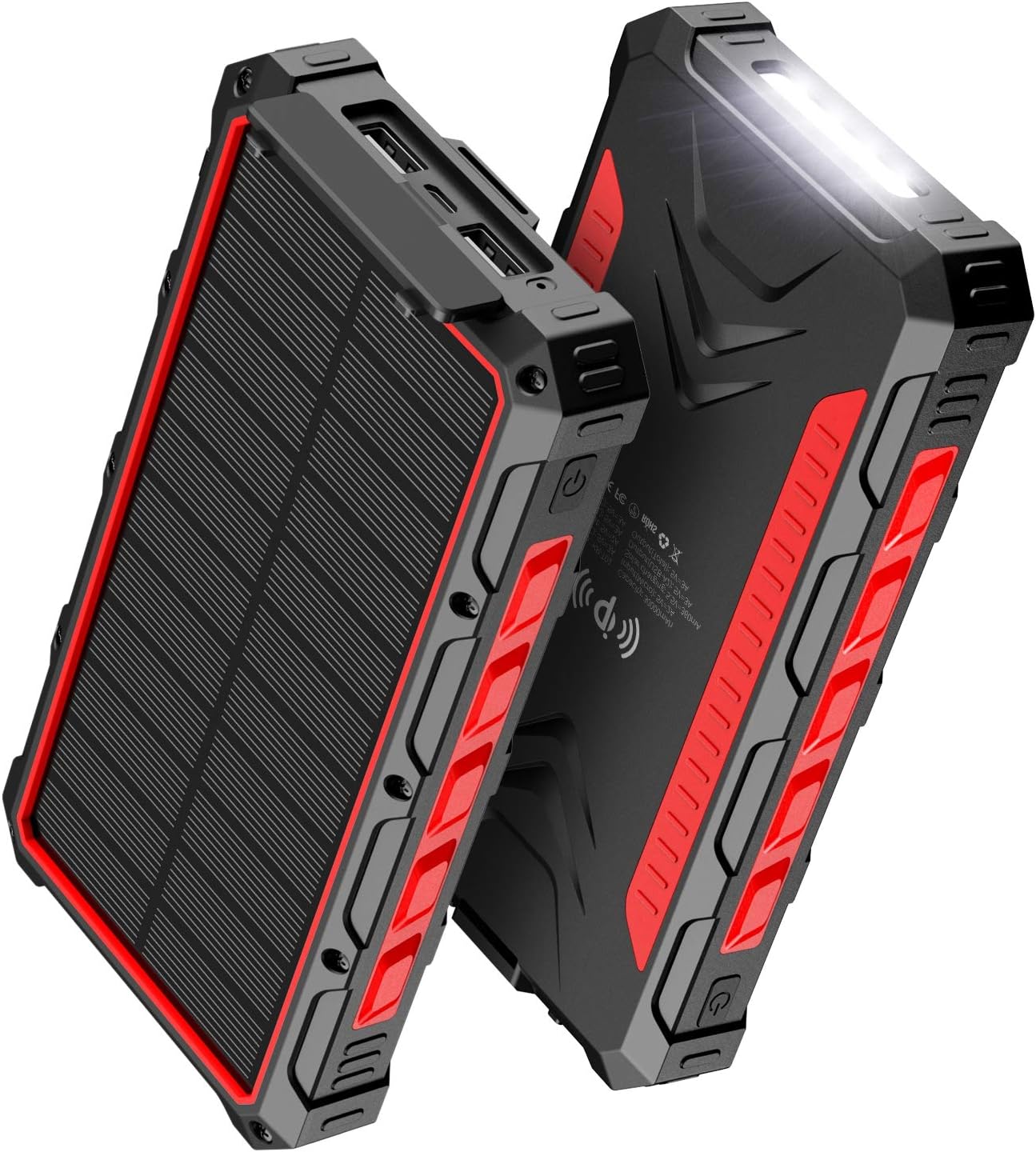 Solar Power Bank 30000mAh, Solar Charger, Qi Wireless Charger, Outputs 5V/3A High-Speed & 2 Inputs Huge Capacity Phone Charger for Smartphones, IP66 Rating, Strong Light LED Flashlights