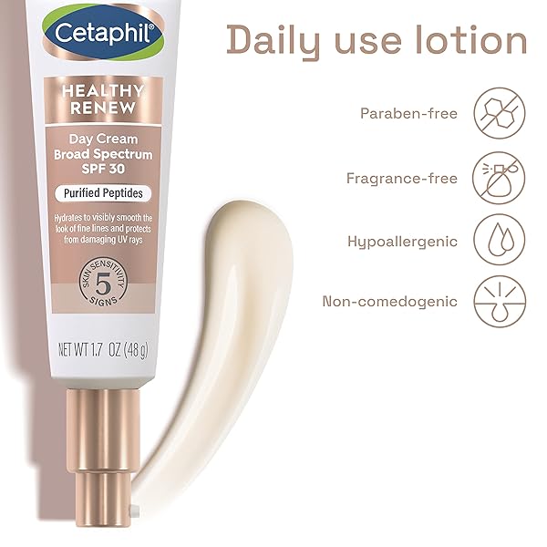 CETAPHIL HEALTHY RENEW MOISTURIZING DAY CREAM 1.7 OZ, DAILY MOISTURIZER WITH SPF 30, SKIN TIGHTENING ANTI WRINKLE CREAM FOR FACE WITH PEPTIDES, FRAGRANCE FREE, RETINOL ALTERNATIVE FOR SENSITIVE SKIN