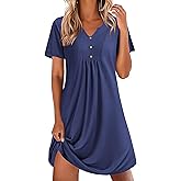 Ekouaer Moo Moos for Women Cotton Nightgown Henley V Neck House Dress Short Sleeve Mumu Dress Soft Lightweight Sleepwear Navy Blue Large