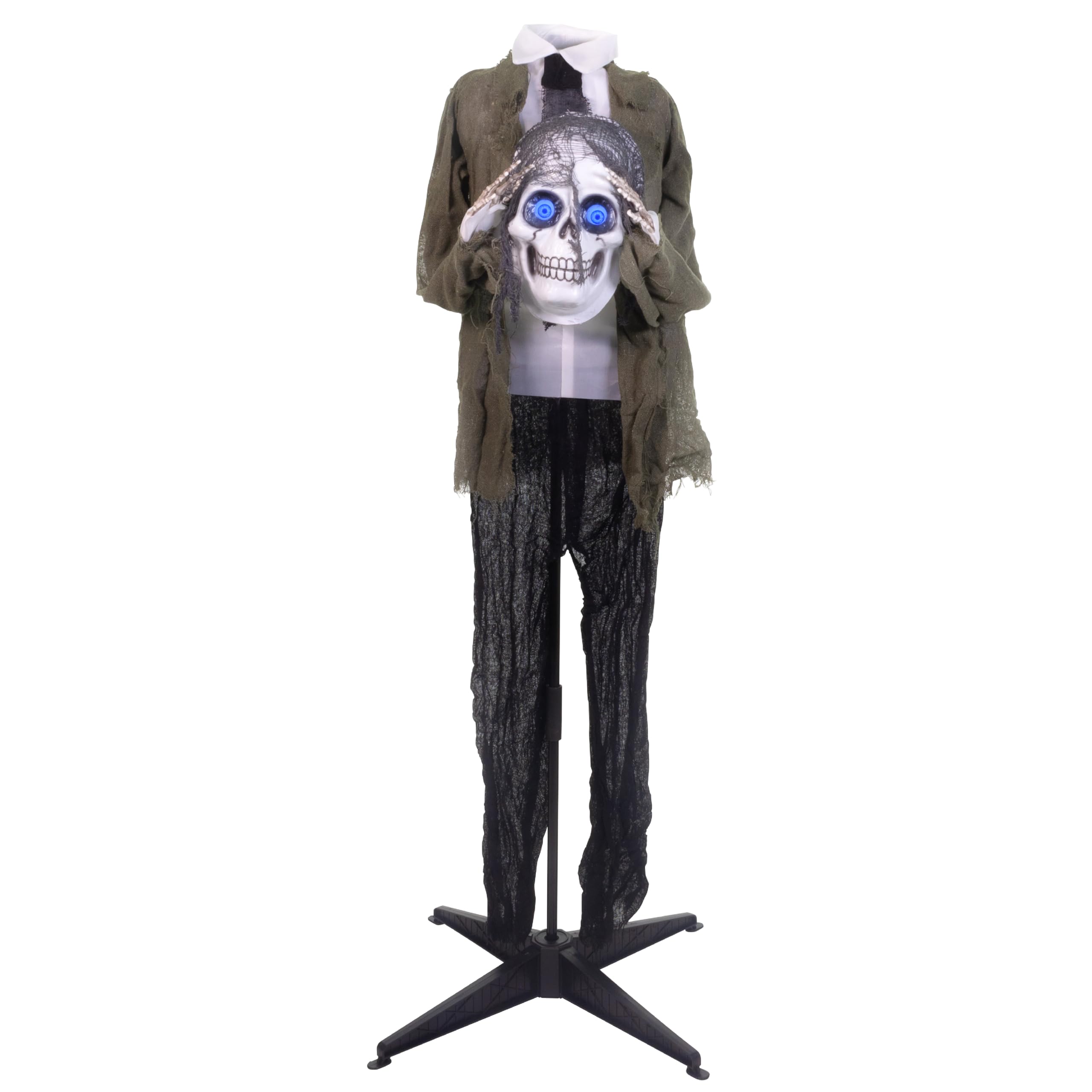 Photo 1 of Haunted Hill Farm 53-in. Ghostly Skeleton Holding Head, Scary Talking Halloween Prop with Animated Eyes, Indoor or Covered Outdoor Halloween Decoration, Standing or Hanging Décor